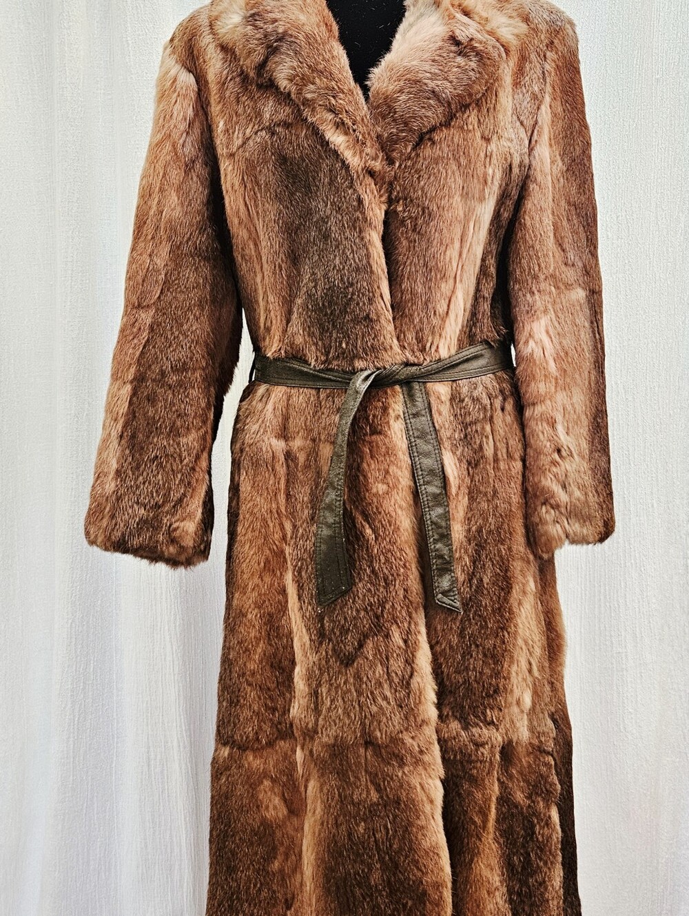VTG Genuine Brown Rabbit Fur Long Coat SWITZERS Sz M Penney Lane RETRO! Mob Wife